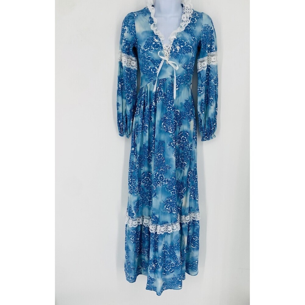 Vintage 70s Blue Floral Maxi Dress Victorian Prairie Edwardian Style Small Beach